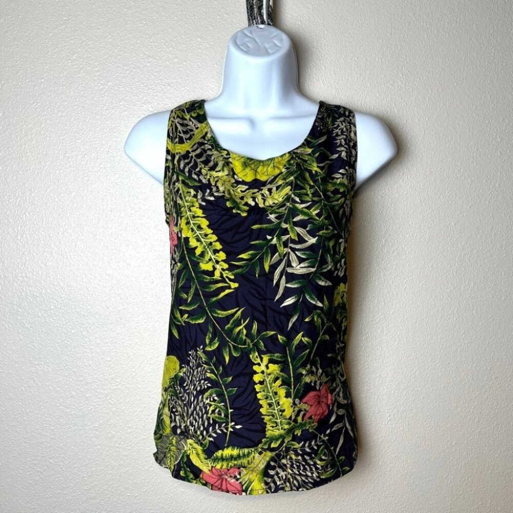 vintage women’s silk tank navy tropical print 2 valerie stevens petite shell top